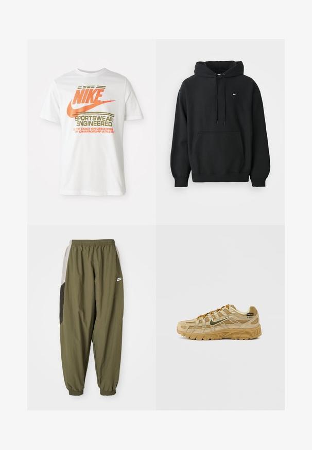 Čierna mikina Nike s predným vreckom, kapucňou so šnúrkou, patentnými manžetami a malým bielym logom Nike na hrudi.; Biela bavlnená tričko s veľkým oranžovým logom "NIKE" a zeleným textom, ktorý znie "SPORTSWEAR ENGINEERED" a ďalšími špecifikáciami.; Olivovo zelené športové nohavice Nike s elastickým pásom a manžetami. Obsahujú bočné panely v svetlošedej a tmavošedej farbe s detailom loga.; Béžová športová obuv s textúrovanými zamatovými a sieťovinovými panelmi, kontrastnými hnedými šnúrkami a robustnou gumovou podrážkou. Vyznačuje sa výrazným logom.