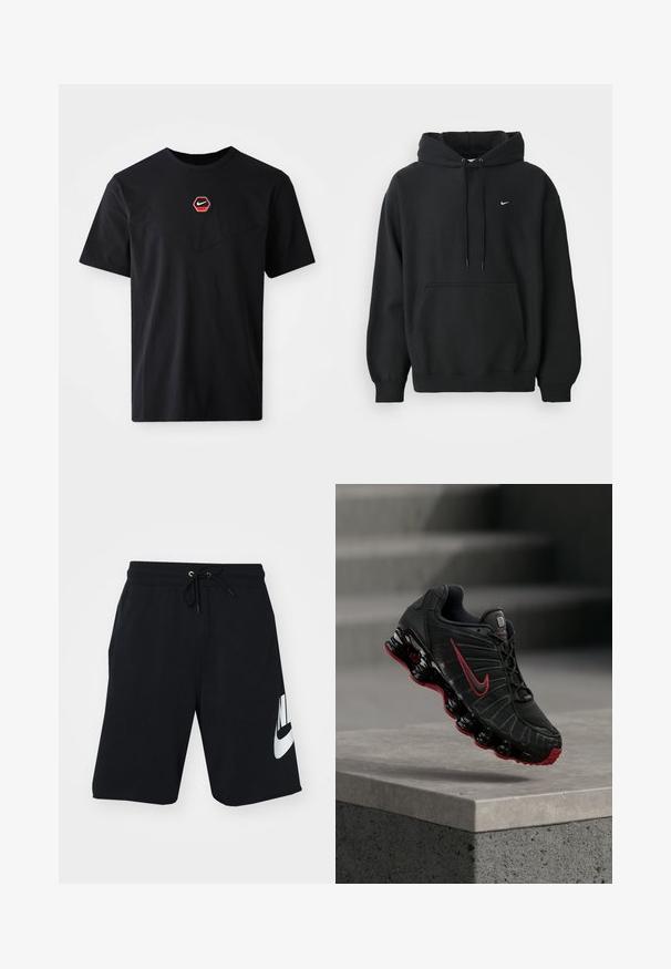 Čierna mikina Nike s predným vreckom, kapucňou so šnúrkou, patentnými manžetami a malým bielym logom Nike na hrudi.; Čierne tričko s krátkym rukávom z bavlny, s červeno-bielym šesťuholníkovým logom Nike na hrudi a zaobleným výstrihom.; Čierne bavlnené šortky so šnúrkou v páse, bočnými vreckami a veľkým bielym logom Nike vytlačeným na ľavom stehne. Klasický športový dizajn.; Čierno-červená športová obuv Nike s viditeľnou pružinovou podrážkou, balansujúca na okraji betónového schodu.