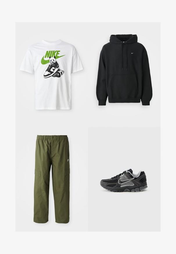 Čierna mikina Nike s predným vreckom, kapucňou so šnúrkou, patentnými manžetami a malým bielym logom Nike na hrudi.; Biela bavlnená tričko s čierno-bielou grafikou pandy, ktorá drží tenisku Nike, s zeleným logom Nike hore.; Nike cargo nohavice v tmavej olivovej farbe, ktoré majú elastický pás, dve bočné vrecká a hladkú, ľahkú tkaninu.; Čierna športová obuv s panelmi z sieťoviny a syntetickými detailmi. Má zaoblenú špičku, hrubú odpruženú podrážku a kontrastné biele logo.