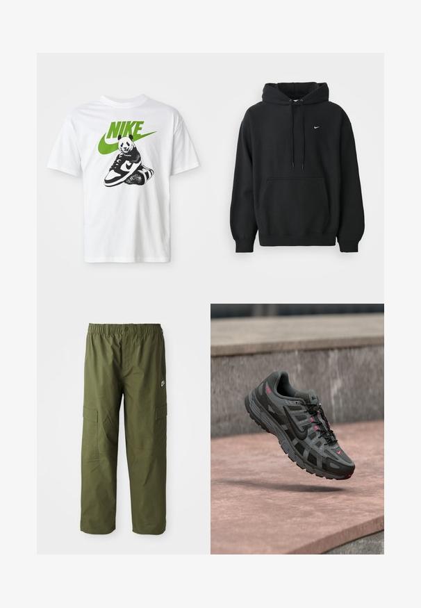 Zwarte Nike hoodie met een voorzak, een capuchon met trekkoord, ribgebreide manchetten en een klein wit Nike swoosh-logo op de borst.; Witte katoenen T-shirt met een zwart-wit panda graphic die een Nike sneaker vasthoudt, met een groen Nike-logo erboven.; Nike cargo broek in donkergroen olijf, met een elastische tailleband, twee zijzakken en een gladde, lichte stof.; Grijze en zwarte Nike-sneaker met roze accenten zwevend in de lucht boven een stenen oppervlak, met zicht op de zijkant en bovenkant.