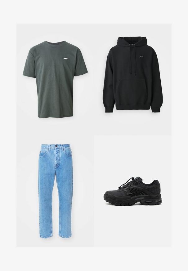 Sort Nike hoodie med frontlomme, snor i hætten, ribbede manchetter og lille hvid Nike swoosh-logo på brystet.; Mørkegrøn bomulds t-shirt med korte ærmer, rund hals, der har et lille hvidt "OBEY" logo på venstre brystområde.; Lyseblå denimjeans har en lige ben-design, fem lommer og en klassisk knaplukning i taljen.; Sort atletisk sneaker med tekstureret stof, tyk polstret sål, luftventiler og snørelukning, vist fra siden på en lys baggrund.