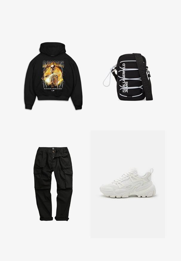 Sort hoodie med et skelet-graphics på en orange baggrund, lyn akcenter og teksten "Hvordan kan du rejse dig, hvis du ikke har brændt."; Sorte cargo-bukser lavet af bomuldsblanding. Funktioner inkluderer flere lommer, elastisk talje og en let indsnævret ben-design.; Hvide atletiske sneakers med en struktureret overdel, netpaneler, fremtrædende gummisål og dekorative udsparinger på siden.; Sort crossbody-taske med hvide elastiske snore, sølv hardware og teksten "KARL LAGERFELD JEANS" i hvid på forsiden, med en bred sort strop.