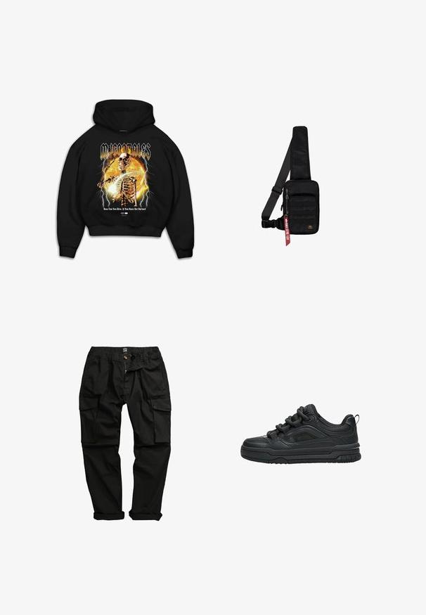 Sort hoodie med et skelet-graphics på en orange baggrund, lyn akcenter og teksten "Hvordan kan du rejse dig, hvis du ikke har brændt."; Sorte cargo-bukser lavet af bomuldsblanding. Funktioner inkluderer flere lommer, elastisk talje og en let indsnævret ben-design.; Sort lavtop sneaker med tyk sål, polstret krave, mesh paneler og chunky snørebånd vist mod en hvid baggrund.; Sort skuldertaske lavet af tekstureret stof. Har et lynlåslukket hovedrum, forlom med webbing, justerbar rem og et dekorativt mærke.