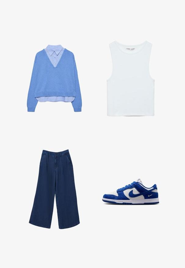 Mehrlagiger hellblauer V-Ausschnitt-Pullover über einem blau-weiß gestreiften Hemd mit Knöpfen, Kragen und langen Ärmeln, flach liegend auf weißem Hintergrund.; Weißes ärmelloses Crop-Top mit rundem Ausschnitt, aus glattem Stoff, mit dem Label Pull&Bear, geeignet für den Alltag.; Weite Jeanshose in Dunkelblau. Sie verfügt über zwei Fronttaschen, einen Knopfverschluss und hat eine glatte Textur mit einem leichten Stoff.; Niedriger Nike Sneaker aus weißem Leder mit königsblauen Velours-Overlays und passendem blauem Swoosh an der Seite und Sohle.