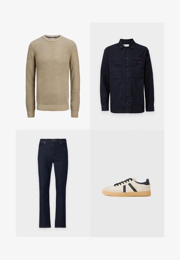 Jersey beige de punto de manga larga con patrón texturizado tipo gofre, cuello redondo y puños y dobladillo acanalados.; Camisa de mezclilla azul oscuro con mangas largas, cierre frontal de botones, dos bolsillos en el pecho y un pequeño logo rojo "REPLAY" en el bolsillo izquierdo.; Vaqueros azul oscuro de corte recto, con bolsillos delanteros, trabillas para cinturón y cierre de botón.; Zapatillas casuales en crema con rayas negras, con parte superior texturizada y suela de goma. Los cordones son negros. Logo sutil en el costado.