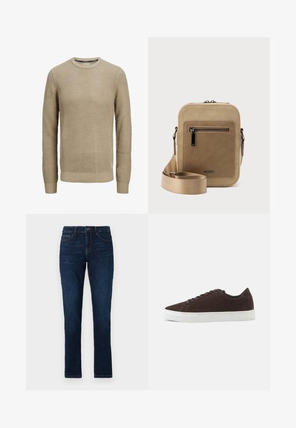 Beige langærmet strikket sweater med tekstureret vaffelmønster, rund halsudskæring samt ribstrikkede manchetter og kant.; Mørkeblå denimjeans med slim fit, standard fem lomme-design og lukning med knap og lynlås. Glat tekstur med minimal falming.; Mørkebrune ruskind lave sneakers med matchende snørebånd og tyk hvid gummisål, vist fra siden på en ensfarvet baggrund.; Lille beige crossbody-taske med lynlåslomme foran, metal ALDO-logo, justerbar bred rem og rundet rektangulær form på hvid baggrund.