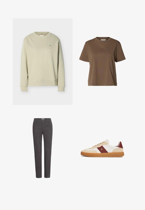 Lysebeige sweatshirt med rund hals og lange ærmer, med lille broderet logo på venstre bryst, vist på hvid baggrund.; Brun t-shirt med korte ærmer og rund hals lavet af ensfarvet stof med en afslappet pasform og minimale syninger.; Mørkegrå denim bukser med lige ben, frontlommer og knaplukning. Materialet har en glat overflade og minimale metal detaljer.; Lavskåret sneaker med beige ruskind og hvidt læder, brun sidestribe, gummisål og beige snørebånd, set fra ydersiden.