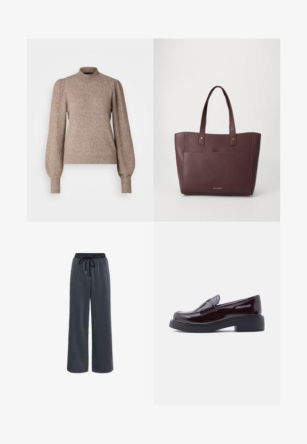Pull en tricot de couleur marron clair, avec un col montant, des manches longues bouffantes, ainsi que des poignets et un ourlet côtelés. Tissu doux et texturé.; Kaffe KANEVIL - Pantalon classique - dark grey melange; Mocassins en cuir bordeaux brillant avec un bout arrondi, présentant un design cousu et une semelle extérieure en caoutchouc noir texturé.; Sac fourre-tout synthétique bordeaux avec deux poignées, design plat, accents en métal doré et une poche avant. Logo situé à la base.