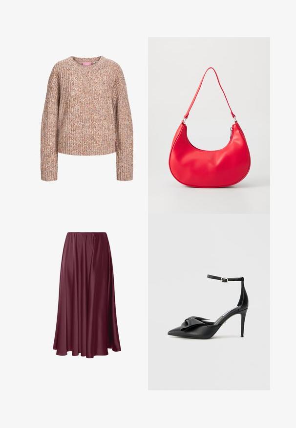 Chunky gebreide trui in tinten beige en lichtbruin, met een ronde halslijn en lange mouwen met een gestructureerde afwerking.; Bordeaux lange rok van soepele, glanzende stof met een vloeiende uitstraling en een elastische tailleband. Geen patronen of accenten aanwezig.; Zwarte hoge hak schoen met een spitse neus, satijnen strikaccent en een verstelbare enkelriem met zilverkleurige metalen details. Gladde leren textuur.; Rode synthetische leren schoudertas met een gebogen vorm, slanke strap en een ritsluiting. Glad oppervlak met zichtbare stiksels.