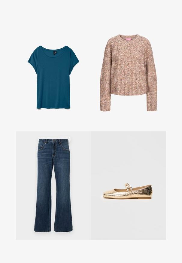 Chunky gebreide trui in tinten beige en lichtbruin, met een ronde halslijn en lange mouwen met een gestructureerde afwerking.; Teal t-shirt met korte mouwen en een ronde halslijn, gemaakt van zachte stof, met een ontspannen pasvorm en een gladde textuur.; Donkerblauwe wijde jeans met klassiek ontwerp met vijf zakken, voorzien van een knoopsluiting en subtiele vervaging. Gemaakt van denimstof.; Gouden ballet flats met een glanzende, gekreukte textuur, vierkante neus en twee smalle banden over de wreef. Platte, minimalistische hak.