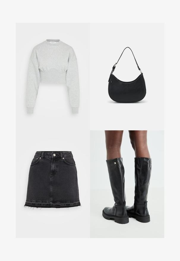 Even&Odd by Zalando Sweater - mottled light grey; Zwart denim mini-jurk met een rechte silhouet, voorzien van voorzakken, metalen knoopsluiting en een rafelige zoom.; Zwarte leren kniehoge laarzen met een gladde textuur, ronde neus, stevige zool en ritssluiting. Voorzien van een zilveren logo aan de zijkant.; Zwarte hobo tas van soepel leer met een gebogen silhouet, voorzien van een enkele verstelbare schouderriem en minimalistische ontwerpdetails.