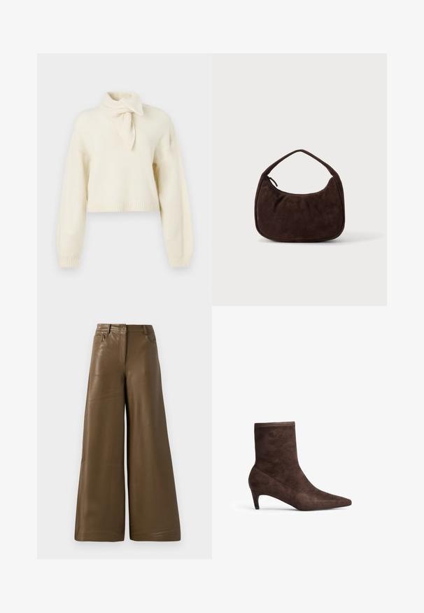 Geknipte crèmekleurige trui met een hoge hals en strikdetail, gemaakt van een zachte stof. Heeft ribgebreide mouwen en zoom.; Brede broek van glad, bruin faux leder. Heeft een hoge taille, vier zakken en een rits aan de voorkant. Voorzien van een vlakke textuur en minimalistisch design.; Bruine suède enkelboot met een spitse neus en slanke hak. Heeft een zachte textuur en een hoge schachtontwerp.; Donkerbruine suède handtas met een korte riem en afgeronde rechthoekige vorm op een effen lichte achtergrond.