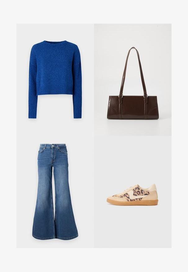 Blauw cropped sweater met lange mouwen, ronde halslijn en geribbelde zoom. Gemaakt van een zachte, textuurstof met een subtiele glans.; Uitlopende blauwe spijkerbroek met een vervaagde afwerking, vijf zakkenontwerp en een metalen knoopsluiting bij de tailleband.; Luipaardprint sneakers met een beige suède bovenkant, tan rubberen zool en witte accenten. Ronde neus en vetersluiting met een gestructureerde afwerking.; Bruine lakleren handtas met een rechthoekige vorm, twee lange handvatten en subtiele gebogen accenten aan de voorkant.