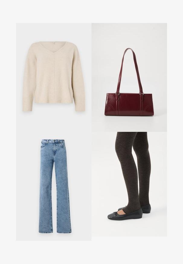 Beige striktrøje med V-hals, ribstrikkede manchetter og kant. Har et centralt sømdesign og en løs pasform. Blødt, tekstureret materiale.; Noisy May Straight fit NMYOLANDA - Wide leg - medium blue denim; Ben iført mørke ribbede leggings kombineret med sorte balletsko med små sløjfedetaljer på hvid baggrund.; Bordeaux håndtaske lavet af glansfuldt materiale, rektangulær form, med to skulderremme og subtile buede detaljer på forsiden.