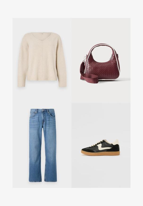 Beige gebreide trui met V-hals, geribde manchetten en zoom. Heeft een centrale naaddesign en een losse pasvorm. Zacht, gestructureerd materiaal.; Lichtblauwe denim jeans met een recht model, vijf-pocket stijl, enkele knoopsluiting en gestikte details langs de naden.; Zwarte suède en leren sneaker met een crèmekleurige zij-swoosh en lichte crèmekleurige hiel. Voorzien van beige veters en een gumrubberen zool.; Donkerrode geweven leren handtas met gebogen handvat, witte bies, zilveren rits en afneembare brede stoffen schouderriem tegen een effen achtergrond.