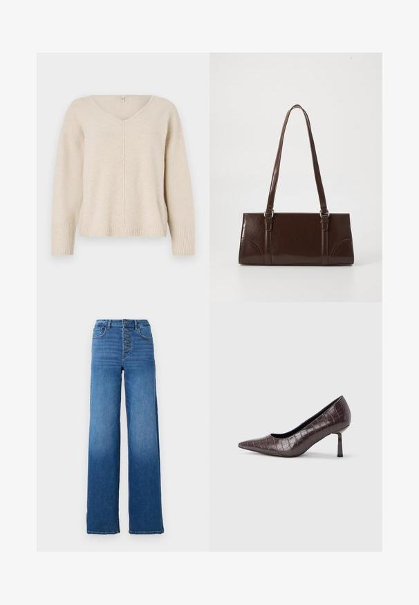 Beige striktrøje med V-hals, ribstrikkede manchetter og kant. Har et centralt sømdesign og en løs pasform. Blødt, tekstureret materiale.; Vidde denim jeans i blå med høj talje og fem knaplukninger. Har klassisk syning og en ren kant.; Brune kunstlæder stiletter med spidse tæer og krokodilletekstur, der har en slank, vinklet hæl og en glat inderside.; Brun lakeret håndtaske med rektangulær form, to lange håndtag og subtile buede detaljer på fronten.