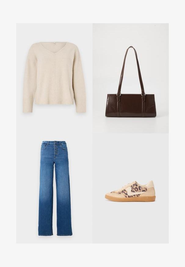 Beige striktrøje med V-hals, ribstrikkede manchetter og kant. Har et centralt sømdesign og en løs pasform. Blødt, tekstureret materiale.; Vidde denim jeans i blå med høj talje og fem knaplukninger. Har klassisk syning og en ren kant.; Leopardprint sneakers med beige ruskindsoverdel, tan gummisål og hvide detaljer. Rund pegefinger og snørebåndsdesign med en tekstureret finish.; Brun lakeret håndtaske med rektangulær form, to lange håndtag og subtile buede detaljer på fronten.