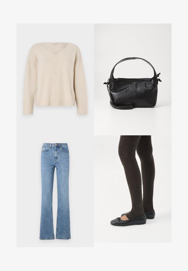 Beige gebreide trui met V-hals, geribde manchetten en zoom. Heeft een centrale naaddesign en een losse pasvorm. Zacht, gestructureerd materiaal.; Lichtblauwe denim jeans met een flare-pasvorm, hoge taille en minimale hardware. Kenmerken zijn de klassieke vijfzak-stijl en subtiele stiksels.; Benen met donkere geribbelde leggings gecombineerd met zwarte ballerina's met kleine strikdetails op een witte achtergrond.; Zwarte leren handtas met een gestructureerd ontwerp, een ronde bovenhandgreep en een afneembare schouderriem. Beschikt over een gladde textuur en een subtiele glans.