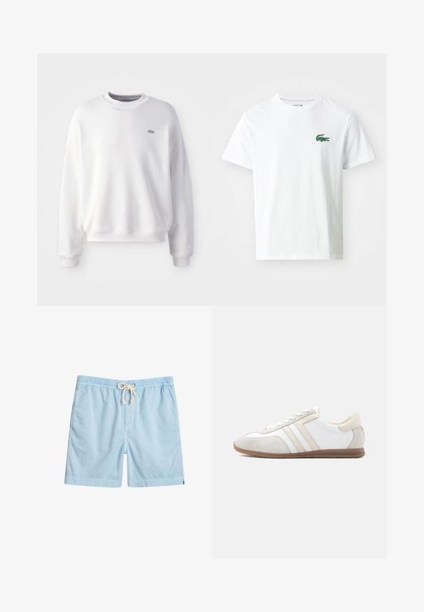 Witte katoenen sweatshirt met een ronde hals, ribgebreide manchetten, een ribgebreide onderkant en een klein geborduurd logo op de borst. Zachte textuur.; Lacoste T-shirt print - white/green; Lichtblauwe zwemshorts van zachte stof, voorzien van een elastische tailleband, zijzakken en een trekkoord voor verstelbaarheid.; Laag uitgesneden witte en beige sneaker met suèdelook accenten, veterluiting en bruine rubberen zool, zijaanzicht op een effen achtergrond.
