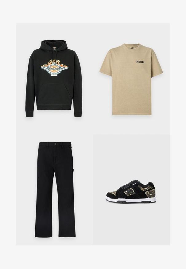 Sort bomuldshoodie med frontlomme, snøre i hætten og et grafisk motiv med flammer og en logo i levende farver.; Beige bomulds t-shirt med rund halsudskæring og korte ærmer. Har en sort "DICKIES" logo på venstre bryst. Glat tekstur.; Sort bomuldsbukser med lige ben, knaplukning, bæltestropper og sidelommer. Glat tekstur uden synlige mønstre eller mærker.; Sort ruskinds sneaker med camomønster på siden, hvid mellemsål og sort gummisål. Har snørebånd og logo-detalje på siden.