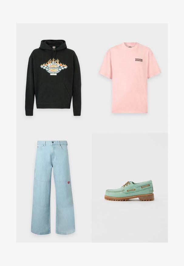 Sort bomuldshoodie med frontlomme, snøre i hætten og et grafisk motiv med flammer og en logo i levende farver.; Lyserød kortærmet T-shirt med rund hals og lille sort "Dickies"-logo på venstre bryst.; Lyseblå vidde jeans i denim med kontrastpatches. Har en frontknaplukning og en lille logopatch på sidelommen.; Lysegrøn læder bådsko med brune snørebånd og øjer, med en tyk tekstureret gummisål og syningsdetaljer langs kanterne.