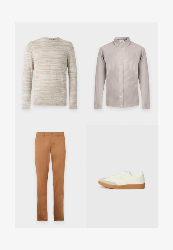 Pull en tricot beige avec un motif rayé texturé. Col rond et manches longues avec des poignets et un ourlet côtelés. Matériau doux et léger.; Chemise à manches longues boutonnée de couleur gris clair avec un col, comportant des boutons beiges et une texture lisse. Le design inclut une coupe classique et un style simple.; Chinos en coton marron avec une coupe slim, dotés d'une fermeture à bouton, de poches latérales et d'une texture lisse.; Baskets en cuir blanc avec une coque beige et une semelle en caoutchouc marron clair. Dotées de lacets blancs plats et d'un logo embossé sur le côté.