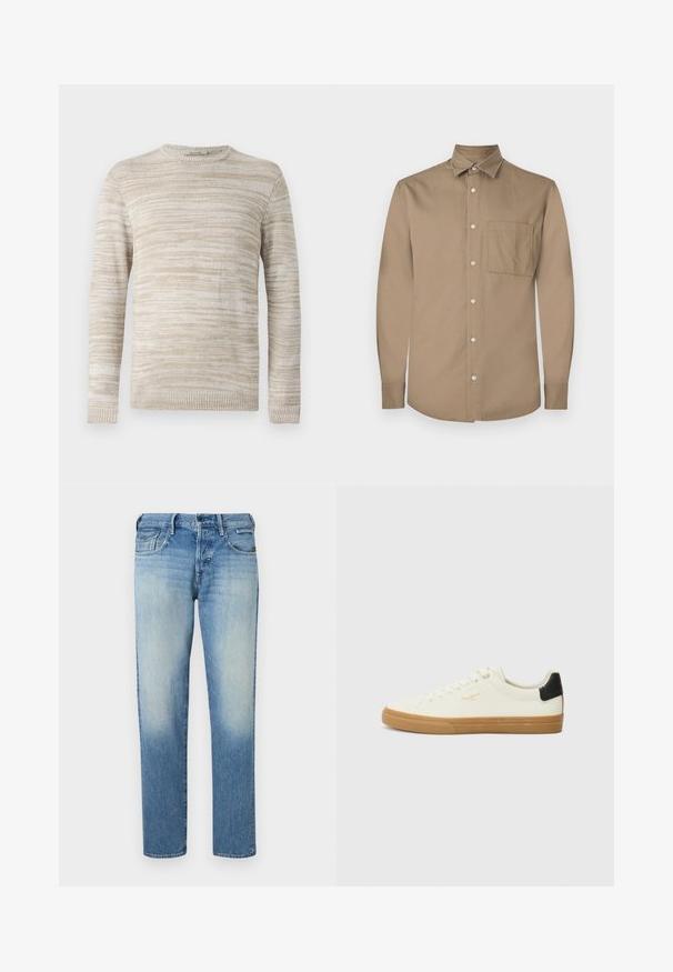 Suéter de punto beige con un patrón texturizado y a rayas. Cuello redondo y mangas largas con puños y dobladillo acanalados. Material suave y ligero.; Camisa marrón de manga larga con botón en la parte delantera, cuello puntiagudo, un bolsillo en el pecho y textura de tela suave y mate.; Vaqueros de mezclilla azul claro con acabado desgastado, piernas de corte recto, cinco bolsillos y cierre de botón. Detalles de costura y etiqueta de la marca en la parte trasera.; Zapatilla de lona blanca con suela de goma, acento negro en el talón, punta redonda y diseño con cordones. Presenta el logo de la marca en dorado en el lateral.