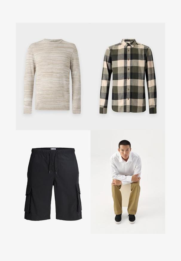 Pull en tricot beige avec un motif rayé texturé. Col rond et manches longues avec des poignets et un ourlet côtelés. Matériau doux et léger.; Chemise à manches longues boutonnée avec un grand motif à carreaux dans des tons vert olive, noir, beige et gris.; Short cargo noir longueur genou avec taille élastique, cordon de serrage et grandes poches à rabat de chaque côté, posé à plat sur un fond blanc.; Jeune homme en chemise blanche rayée et pantalon kaki assis penché en avant sur un tabouret, bras croisés, regardant droit devant sur un fond blanc.