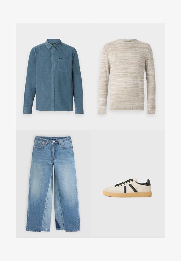 Suéter de punto beige con un patrón texturizado y a rayas. Cuello redondo y mangas largas con puños y dobladillo acanalados. Material suave y ligero.; Camisa de manga larga de pana azul, con cuello tipo botonera, bolsillo frontal y un sutil branding en el bolsillo.; Vaqueros de mezclilla azul con pierna recta, diseño clásico de cinco bolsillos y cierre frontal con botones, mostrados planos sobre un fondo neutro.; Zapatillas casuales en crema con rayas negras, con parte superior texturizada y suela de goma. Los cordones son negros. Logo sutil en el costado.