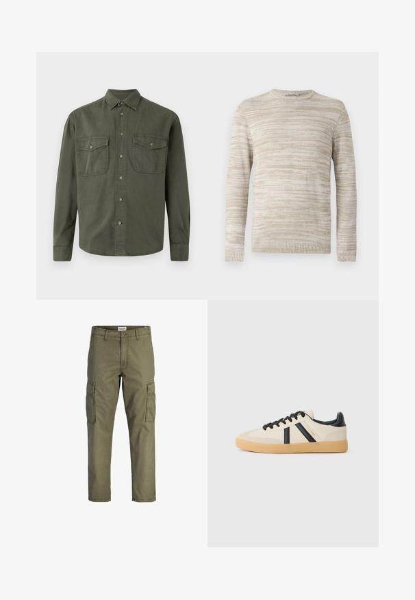 Suéter de punto beige con un patrón texturizado y a rayas. Cuello redondo y mangas largas con puños y dobladillo acanalados. Material suave y ligero.; Camisa de manga larga color caqui hecha de algodón. Presenta un cierre de botones en la parte delantera, dos bolsillos en el pecho con solapas y un cuello clásico. Diseño sencillo.; Pantalones cargo verde oliva hechos de tela de algodón, con bolsillos laterales, corte recto y una cinturilla con cierre de botón.; Zapatillas casuales en crema con rayas negras, con parte superior texturizada y suela de goma. Los cordones son negros. Logo sutil en el costado.