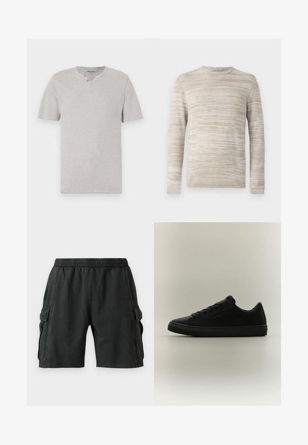 Pull en tricot beige avec un motif rayé texturé. Col rond et manches longues avec des poignets et un ourlet côtelés. Matériau doux et léger.; T-shirt à manches courtes, rayé gris et blanc, avec un col rond et deux boutons au niveau du cou. Tissu doux avec une coupe décontractée.; Shorts cargo noirs avec une taille élastique, deux poches latérales et deux poches cargo sur les côtés. Fabriqués dans un tissu doux et léger.; Baskets basses noires avec lacets à l'avant et semelle texturée, présentées sur un fond neutre en profil latéral.