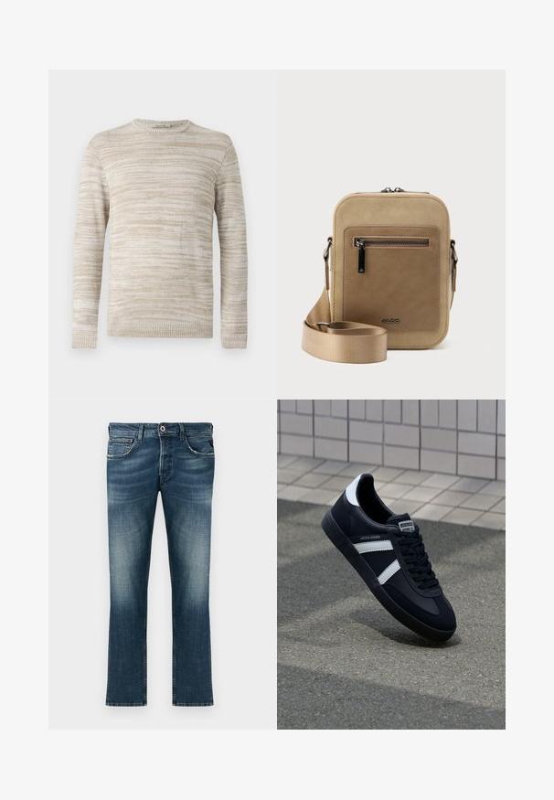 Beige gebreide trui met een gestructureerd, gestreept patroon. Ronde hals en lange mouwen met ribbelmanchetten en -zoom. Zacht, lichtgewicht materiaal.; Donkerblauwe denim jeans met een vervaagde was. Bevat het klassieke vijf-pocket ontwerp, rechte pijpen en een rode accentknop.; Zwarte leren sneaker met witte strepen, een gestructureerde rubberen zool en vetersluiting aan de voorkant. Voorzien van een merklabel op de tong.; Kleine beige crossbodytas met een voorvak met ritssluiting, metalen ALDO-logo, verstelbare brede band en afgeronde rechthoekige vorm op een witte achtergrond.