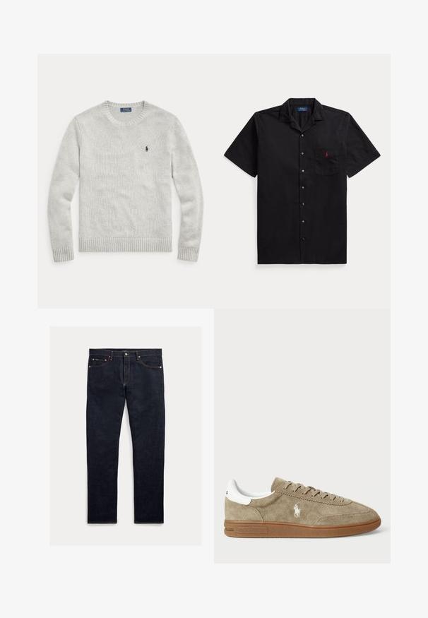Hellgrauer gestrickter Langarmpullover mit Rundhalsausschnitt und kleinem dunkelblau besticktem Ralph Lauren Polo-Logo auf der linken Brust.; Schwarzes kurzärmliges Hemd mit Kragen und Brusttasche, auf der ein kleines rotes Logo gestickt ist.; Dunkle Jeans aus Denim mit geradem Schnitt, fünf Taschen, orangefarbener Naht und Knopfleiste. Das Gewebe hat eine glatte Textur.; Wildledersneaker in Beige mit weißen Akzenten, runder Zehenform und Schnürdesign. Mit eingeprägtem Logo und Gummisohle für besseren Halt.