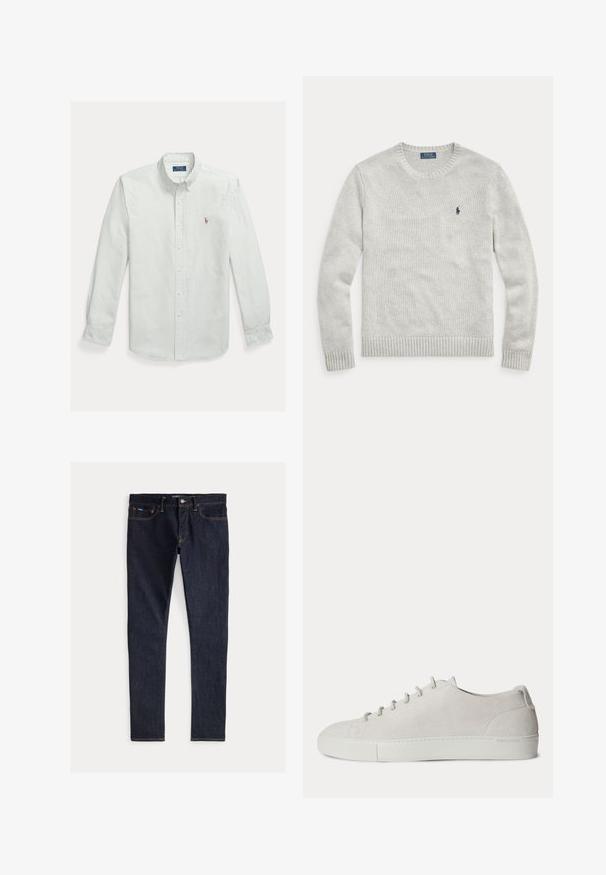Lysegrå strikket genser med lang arm, rund hals og liten mørkeblå brodert Ralph Lauren Polo-logo på venstre bryst.; Lysegrønn og hvit stripete cottonskjorte med knapper, med klassisk krage og lite brodert logo på brystet.; Mørkeblå denimjeans med slim fit, som har fem lommer, gule stikninger og knappelukking i livet. Glatt tekstur.; Hvit lavtoppet semsket sneaker med snøring foran og gummisåle, minimalistisk design.