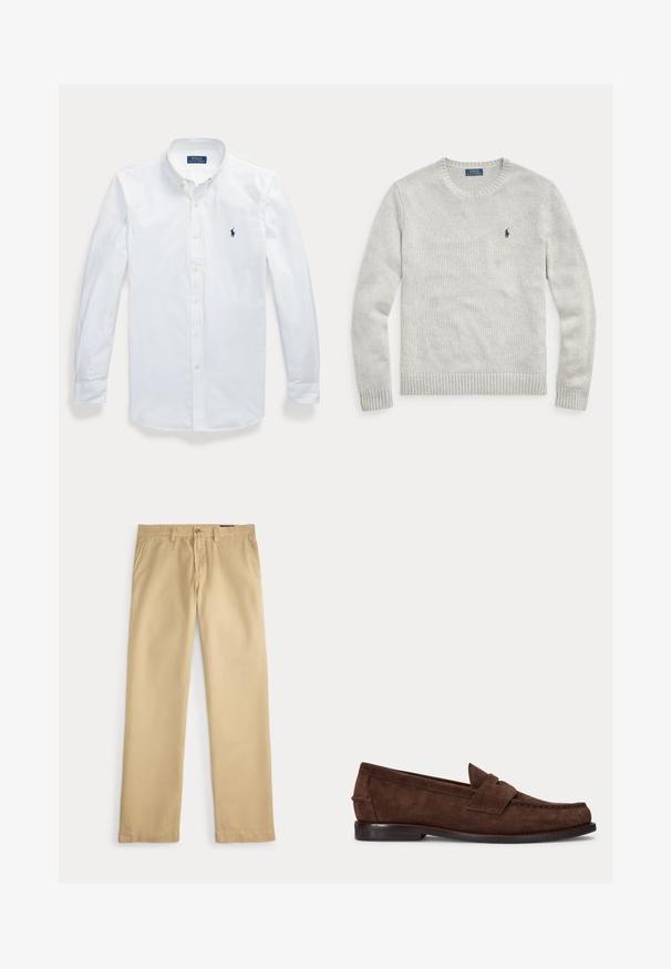 Svetlosivý pletený sveter s dlhými rukávmi, okrúhlym výstrihom a malým tmavomodrým vyšívaným logom Ralph Lauren Polo na ľavej strane hrudníka.; Biela košeľa s dlhým rukávom, gombíkmi a golierom, vyšívané logo Polo Ralph Lauren na ľavej strane hrude.; Béžové nohavice s rovnými nohavicami, pútkami na opasok, bočnými vreckami a zapínaním na gombíky na bielom pozadí.; Hnedý semišový penny loafer s nízkym opätkom a viditeľným prešitím pozdĺž špičky, bokov a zadnej časti, zobrazený na jednolivom svetlom pozadí.