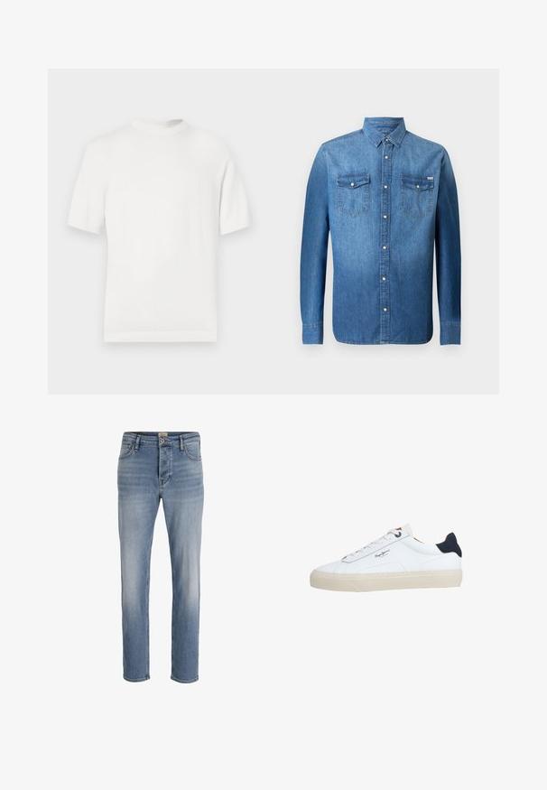 Camiseta de punto blanca de manga corta con cuello redondo, que presenta una textura suave y acentos de canalé en el cuello y el dobladillo.; Camisa de mezclilla en azul medio, con mangas largas, cierre frontal de botones, dos bolsillos en el pecho y un cuello clásico tipo punta.; Jeans de denim azul claro con un corte recto, diseño de cinco bolsillos y un ligero desgastado. Cierre de botón en la cintura, acabado limpio en los dobladillos.; Zapatilla deportiva blanca de corte bajo con suela beige, cordones blancos, lengüeta trasera negra y logotipo "Pepe Jeans London" en el lateral.