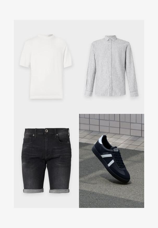 Camiseta de punto blanca de manga corta con cuello redondo, que presenta una textura suave y acentos de canalé en el cuello y el dobladillo.; Camisa de manga larga de botón en gris claro con rayas verticales blancas. Presenta un cuello clásico y puños con un patrón a rayas.; Pantalones cortos de mezclilla negra con un diseño ajustado, dobladillos enrollados y una cinturilla clásica que cuenta con un cierre de botón delantero y bolsillos laterales.; Zapatilla de cuero negra con rayas blancas, suela de goma texturizada y parte frontal con cordones. Cuenta con una etiqueta de marca en la lengüeta.