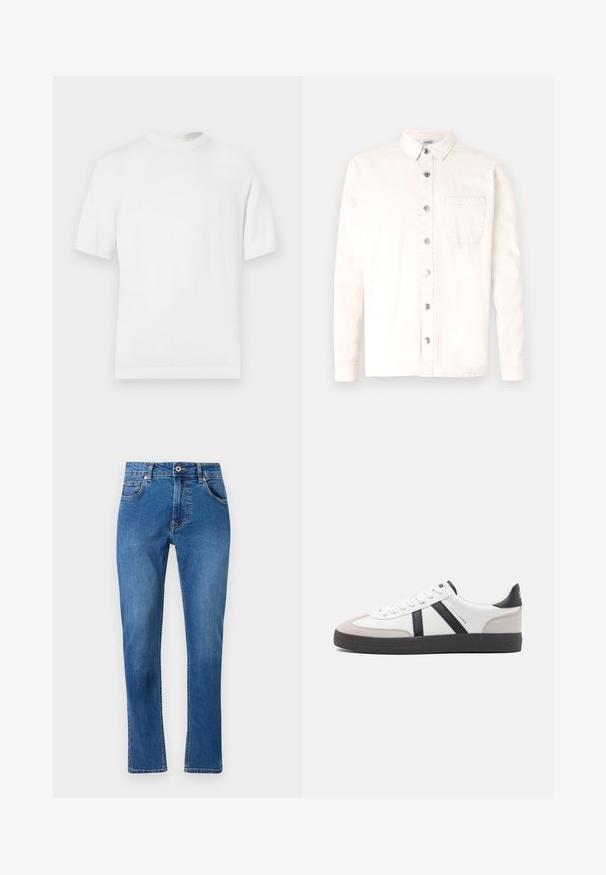 Camiseta de punto blanca de manga corta con cuello redondo, que presenta una textura suave y acentos de canalé en el cuello y el dobladillo.; Denim Project DPMDPSTITCH DETAIL DENIM SHIRT - Camisa - jet stream; Jeans de mezclilla azul con diseño de pierna recta, cinco bolsillos y detalles de costura visibles. El material muestra un ligero desvanecimiento. Estilo clásico.; Zapatilla blanca con acentos en negro y gris, que presenta una puntera texturizada en gris, suela de goma negra y cordones planos blancos. Diseño limpio, estilo minimalista.