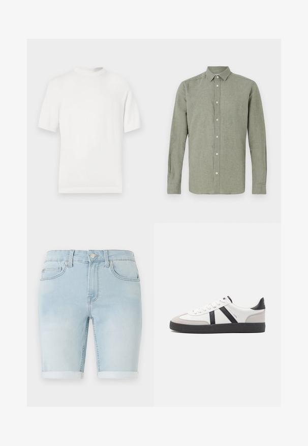 T-shirt en tricot blanc à manches courtes avec un col rond, présentant une texture lisse et des accents côtelés au niveau du col et de l'ourlet.; Chemise à manches longues, à col, de couleur vert clair, fabriquée en tissu texturé, dotée d'une fermeture à boutons sur toute la longueur et d'un ourlet droit.; Shorts en denim bleu clair avec un ourlet retourné, design classique à cinq poches et fermeture par bouton à l'avant. Texture lisse avec un léger délavage.; Baskets blanches avec des accents noirs et gris, présentant un embout texturé gris, une semelle en caoutchouc noir et des lacets plats blancs. Design épuré, style minimaliste.