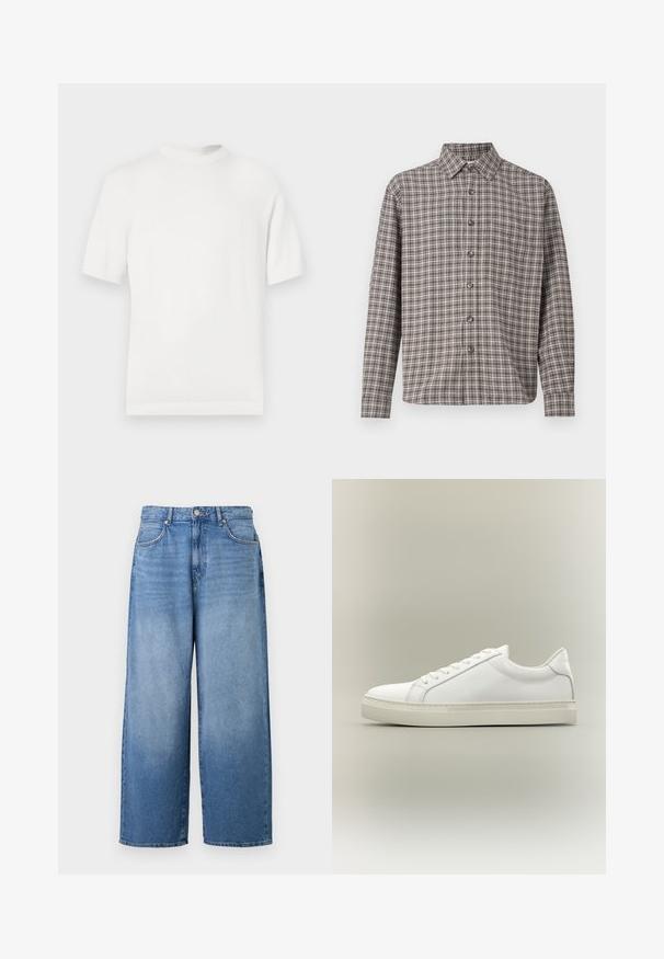 Camiseta de punto blanca de manga corta con cuello redondo, que presenta una textura suave y acentos de canalé en el cuello y el dobladillo.; Camisa de cuadros marrón y crema con cuello abotonado, mangas largas y botones frontales; hecha de tela texturada.; Jeans de denim de pierna ancha en azul claro con un acabado ligeramente deslavado. Presenta un diseño clásico de cinco bolsillos y cierre de botón metálico.; Zapatilla blanca de perfil bajo con cordones en la parte delantera y suela gruesa, mostrada de lado sobre un fondo neutro.