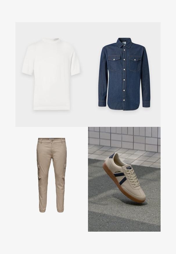 T-shirt en tricot blanc à manches courtes avec un col rond, présentant une texture lisse et des accents côtelés au niveau du col et de l'ourlet.; Chemise en denim bleu foncé avec un col classique, des manches longues et deux poches poitrine. Présente des boutons blancs et des coutures contrastées.; Pantalon cargo beige à coupe slim avec poches à rabat latérales, fermeture par boutons, passants pour ceinture et poignets élastiques aux chevilles.; Baskets beiges avec une finition texturée, bandes navy et semelle en caoutchouc. Équipées d'une languette rembourrée et d'un système de laçage traditionnel pour un maintien sécurisé.