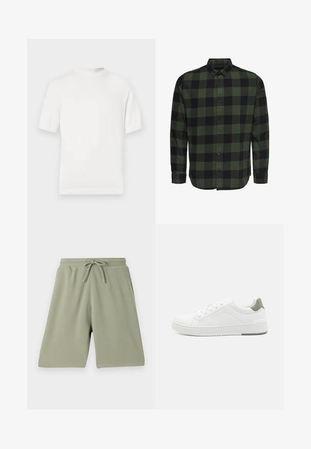 Camiseta de punto blanca de manga corta con cuello redondo, que presenta una textura suave y acentos de canalé en el cuello y el dobladillo.; Camisa de manga larga abotonada con cuello clásico y puños abotonados, de cuadros verdes y negros, mostrada sobre un fondo blanco.; Pantalones cortos verde claro hechos de una tela texturizada con cintura elástica y cordón. Corte recto y diseño hasta la rodilla.; Zapatilla blanca con material de cuero liso, punta redonda, diseño minimalista, acento gris en el talón y suela de goma texturizada.