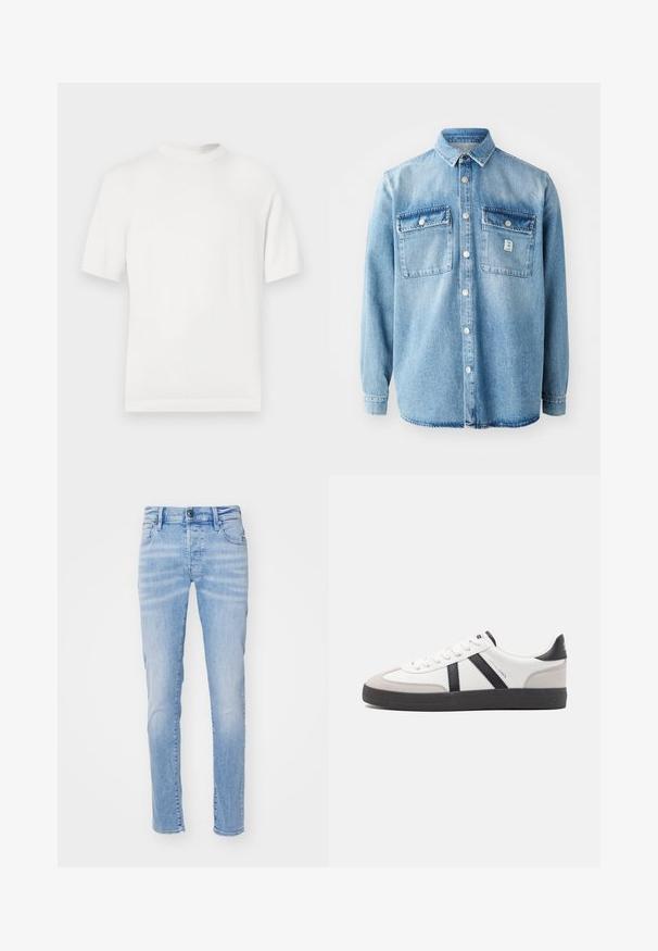 Hvid kortærmet strik t-shirt med rund halsudskæring, der har en glat overflade og ribbede detaljer ved kraven og kanten.; Lys blå denimskjorte med lange ærmer, spidse krave, to brystlommer og frontknaplukning. Har en subtil stoftekstur og syningsdetaljer.; Lysblå denim jeans med slim fit, der har et fem-lomme design, bæltestropper og en knaplukning. Stoffet har en blød tekstur.; Hvide sneakers med sorte og grå detaljer, med en tekstureret grå tåhætte, sort gummisål og flade hvide snørebånd. Rent design, minimalistisk stil.