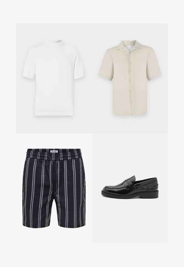 T-shirt en tricot blanc à manches courtes avec un col rond, présentant une texture lisse et des accents côtelés au niveau du col et de l'ourlet.; Chemise beige à manches courtes avec un col classique, fermeture à boutons sur le devant, texture de tissu lisse et ourlet droit.; Short bleu marine avec des rayures blanches verticales, taille élastique et cordon, fabriqué par Only & Sons.; Mocassins en cuir noir avec une finition lisse, un bout rond, un petit talon et descoutures décoratives à l'avant. Semelle en caoutchouc pour l'adhérence.