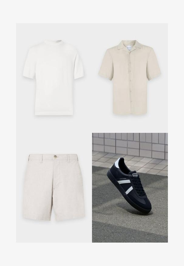 Hvid kortærmet strik t-shirt med rund halsudskæring, der har en glat overflade og ribbede detaljer ved kraven og kanten.; Kortærmet beige skjorte med klassisk krave, frontlukning med knapper, glat stoftekstur og lige kant.; Beige linnedshorts med lige snit, der har en frontknaplukning, bæltestropper og to sidelommer. Tekstureret stof.; Sort lædersneaker med hvide striber, tekstureret gummisål og snørrebånd foran. Har et brandet mærke på tungen.