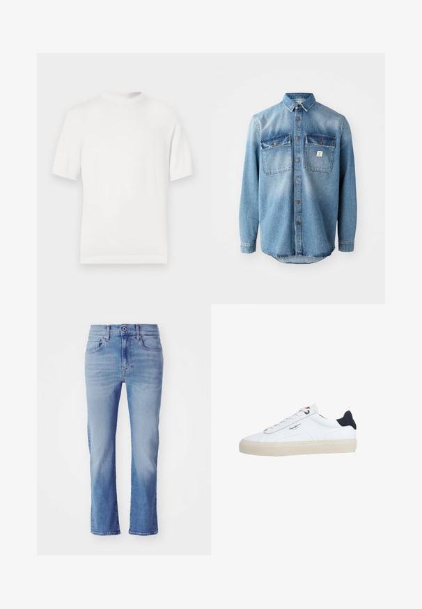 T-shirt en tricot blanc à manches courtes avec un col rond, présentant une texture lisse et des accents côtelés au niveau du col et de l'ourlet.; Chemise en denim bleu clair à manches longues, avec deux poches sur la poitrine, fermeture à boutons à l'avant et des dessus de poche plus foncés en contraste. Présente un ourlet arrondi.; Jean denim bleu à jambes droites avec fermeture à boutons et à glissière à l'avant, poches avant et arrière, et détails délavés.; Baskets basses blanches avec semelle beige, lacets blancs, languette de talon noire et logo "Pepe Jeans London" sur le côté.