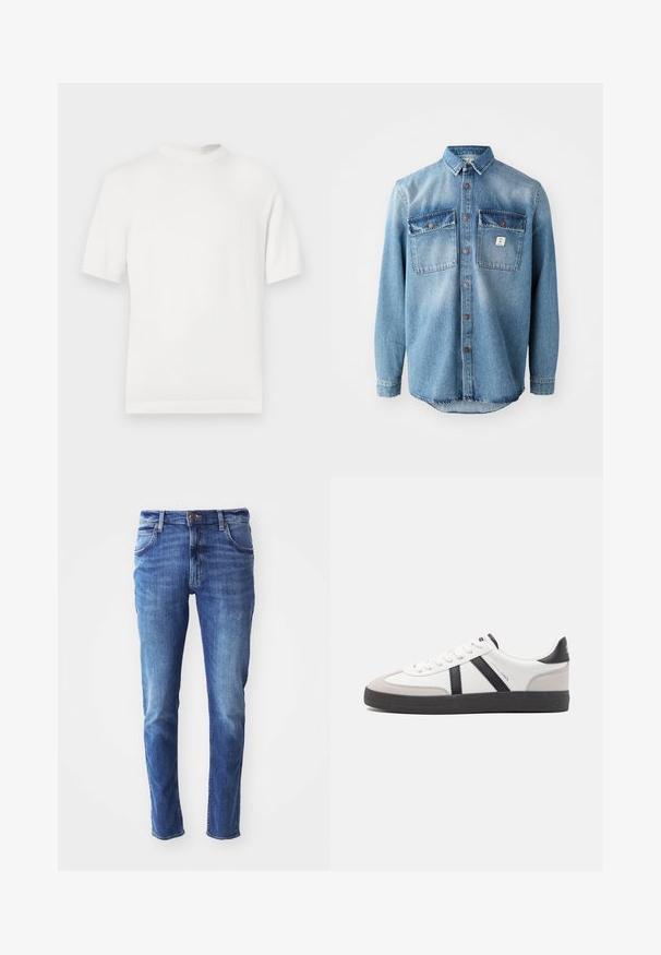 Weißes kurzärmliges Strick-T-Shirt mit rundem Halsausschnitt, das eine glatte Textur und Rippenelemente am Kragen und Saum aufweist.; Hellblaues Jeanshemd mit langen Ärmeln, zwei Brusttaschen, durchgehender Knopfleiste und kontrastierenden, dunkleren Taschenoberteilen. verfügt über einen abgerundeten Saum.; Blaue Jeans aus Denim im Slim Fit mit einem Five-Pocket-Design und leichten Abnutzungen. Mit einer markierten Knopf- und Reißverschlussöffnung.; Weiße Sneaker mit schwarz- und grau-aczenten, ausgestattet mit einer strukturierten grauen Zehenkappe, schwarzer Gummi-Sohle und flachen weißen Schnürsenkeln. Sauberes Design, minimalistische Stil.