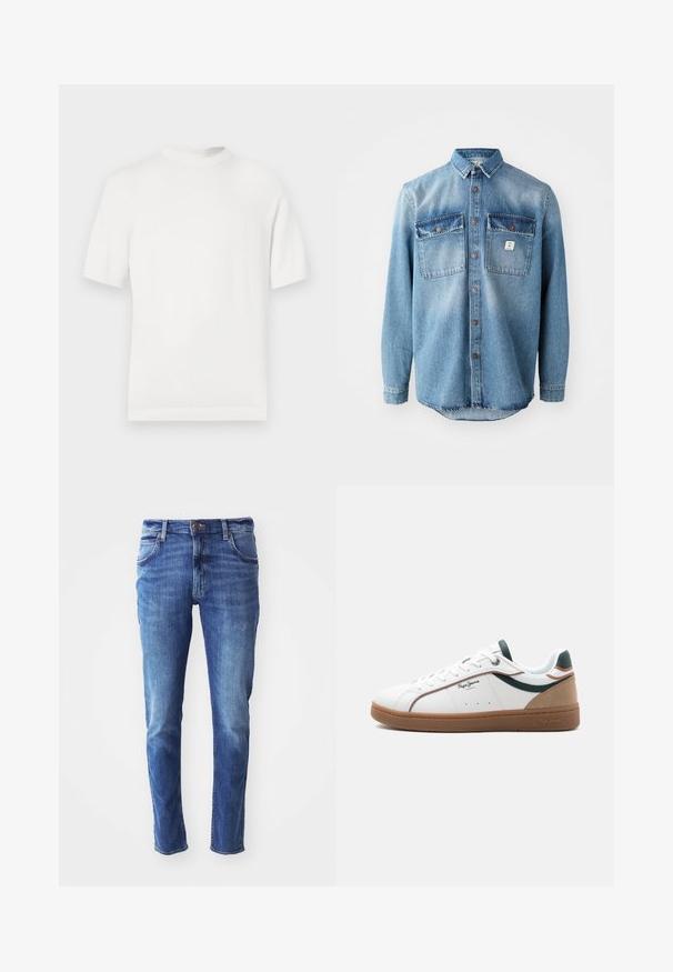 Hvid kortærmet strik t-shirt med rund halsudskæring, der har en glat overflade og ribbede detaljer ved kraven og kanten.; Lyseblå denimskjorte med lange ærmer, to brystlommer, knaplukning foran og kontrasterende mørkere lommer. Har en rund spænding.; Blå denim jeans med slim fit, fem-lomme design og let falming. Har en mærke-knap og lynlåslukning.; Hvid lavtop sneaker med brun sål, grønne og beige accenter, hvide snørebånd og "Pepe Jeans London"-logo på siden.