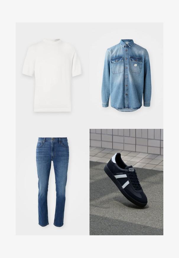 Hvid kortærmet strik t-shirt med rund halsudskæring, der har en glat overflade og ribbede detaljer ved kraven og kanten.; Lyseblå denimskjorte med lange ærmer, to brystlommer, knaplukning foran og kontrasterende mørkere lommer. Har en rund spænding.; Blå denim jeans med lige snit, fem lommer og lynlås. Har subtle farvefading og kontraststing langs sømmene.; Sort lædersneaker med hvide striber, tekstureret gummisål og snørrebånd foran. Har et brandet mærke på tungen.