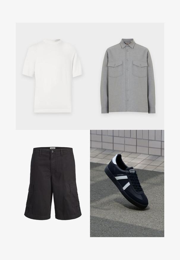 T-shirt en tricot blanc à manches courtes avec un col rond, présentant une texture lisse et des accents côtelés au niveau du col et de l'ourlet.; Chemise à manches longues gris clair avec col pointu et deux poches à rabat boutonnées à l'avant.; Short cargo noir avec passants de ceinture, fermeture à bouton et zip, et deux grandes poches latérales, présenté sur un fond blanc.; Sneaker en cuir noir avec des rayures blanches, semelle en caoutchouc texturée et devant à lacets. Présente une étiquette de marque sur la languette.